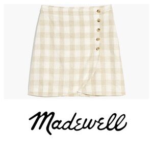 Madewell Linen Blend Tulip Hem Button Mini Skirt in Neutral Gingham Plaid